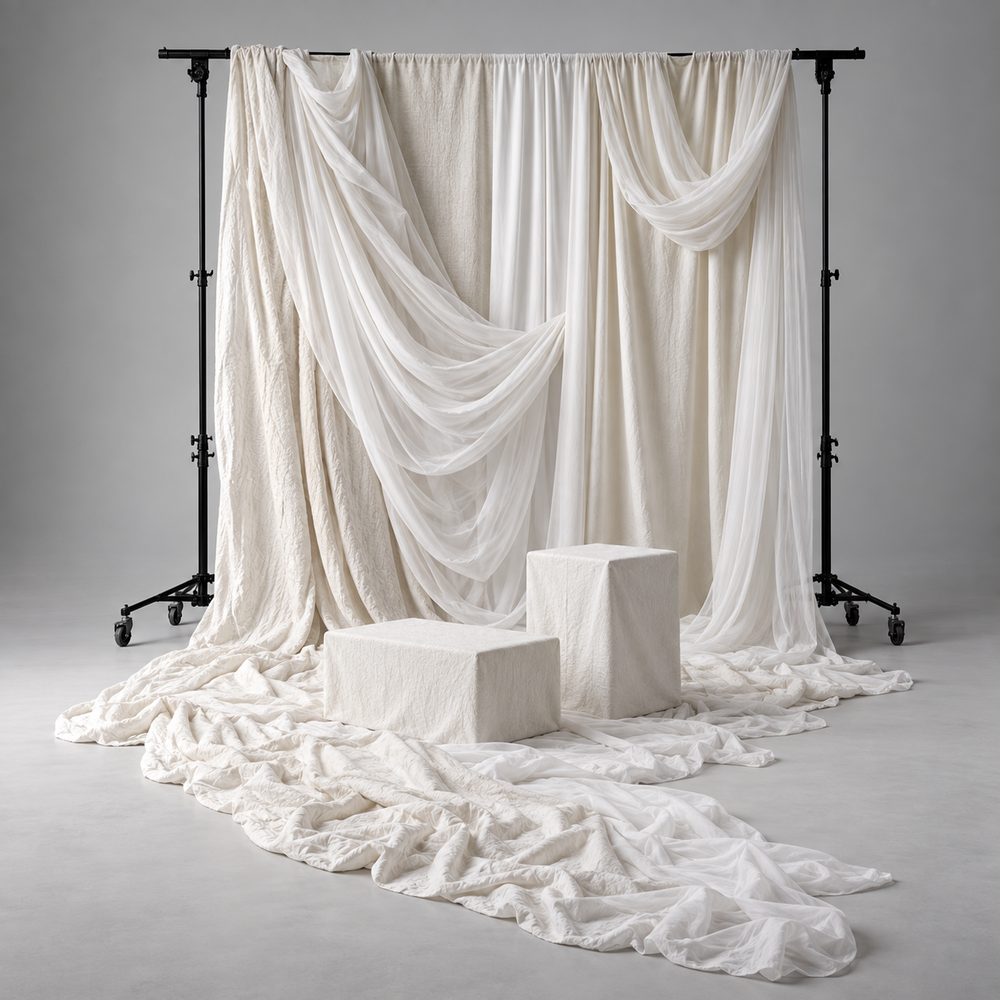 Set esencial Fashion & Style: fondo de tela blanca sobre soporte