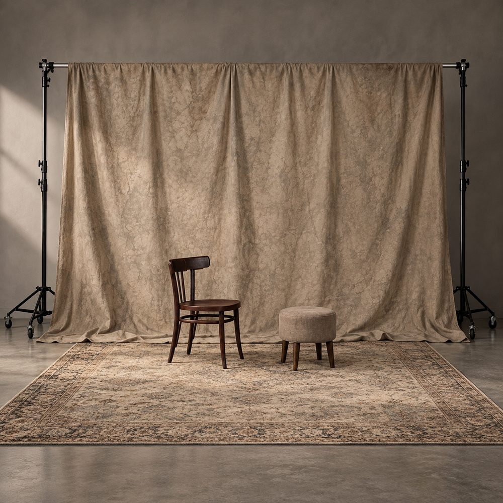 Set esencial Organic: fondo de tela beige, silla y alfombra