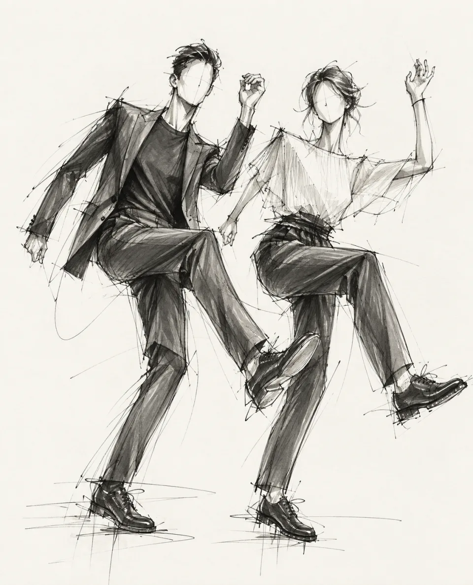 Dos figurines levantando las rodillas en un paso de baile