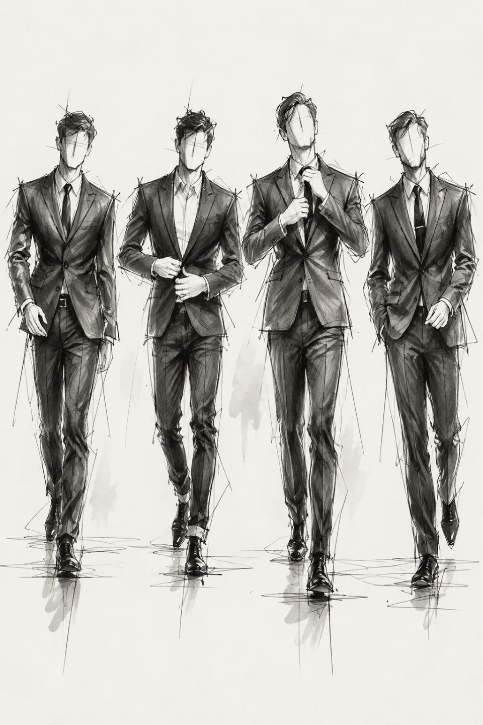 Cuatro figurines masculinos caminando con traje