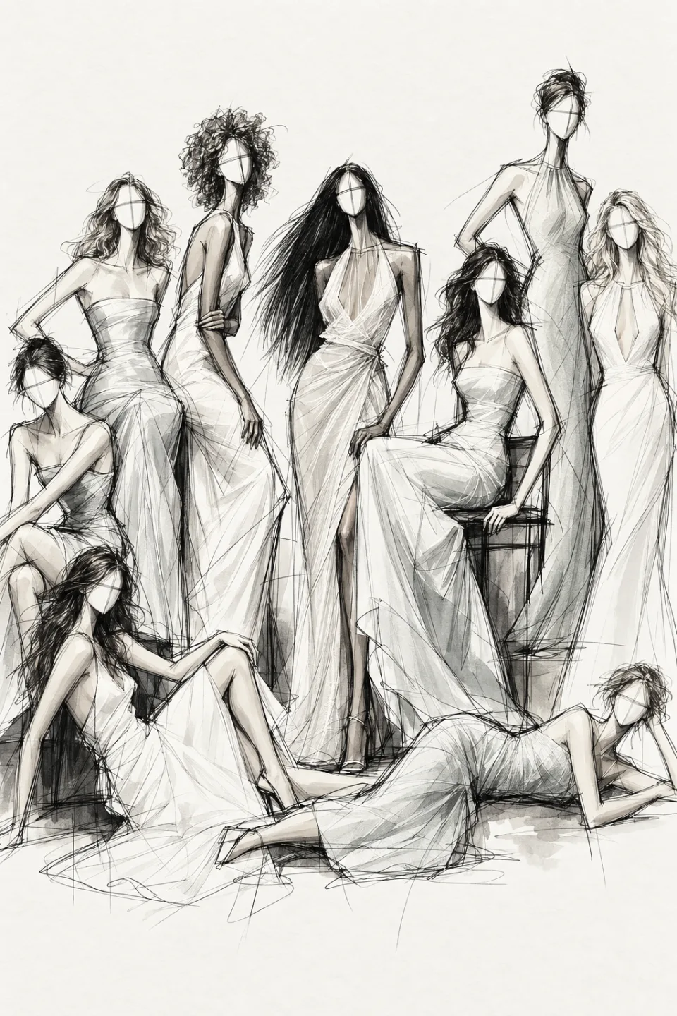 Nueve figurines femeninos compuestos como una portada editorial