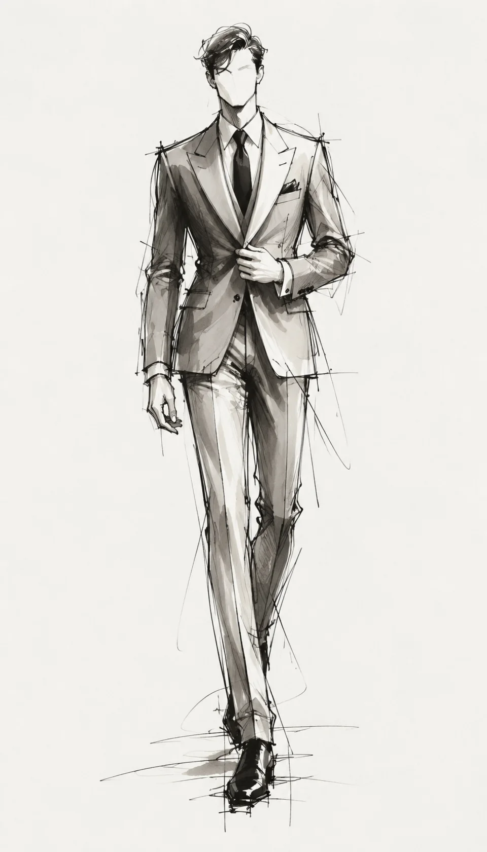 Figurín editorial de una persona posando de frente con traje