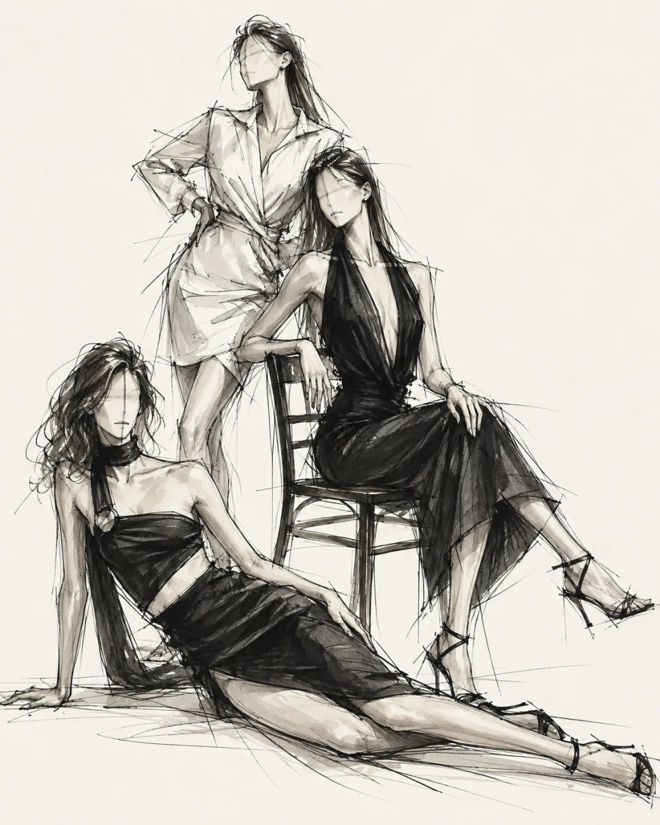 Tres figurines femeninos dispuestos en el suelo, una silla y de pie